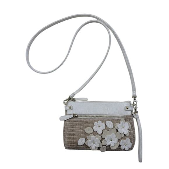 Liz Claiborne Crossbody Purse White Tan Tea Rose Appliqué Wicker Straw Handbag - Picture 1 of 14